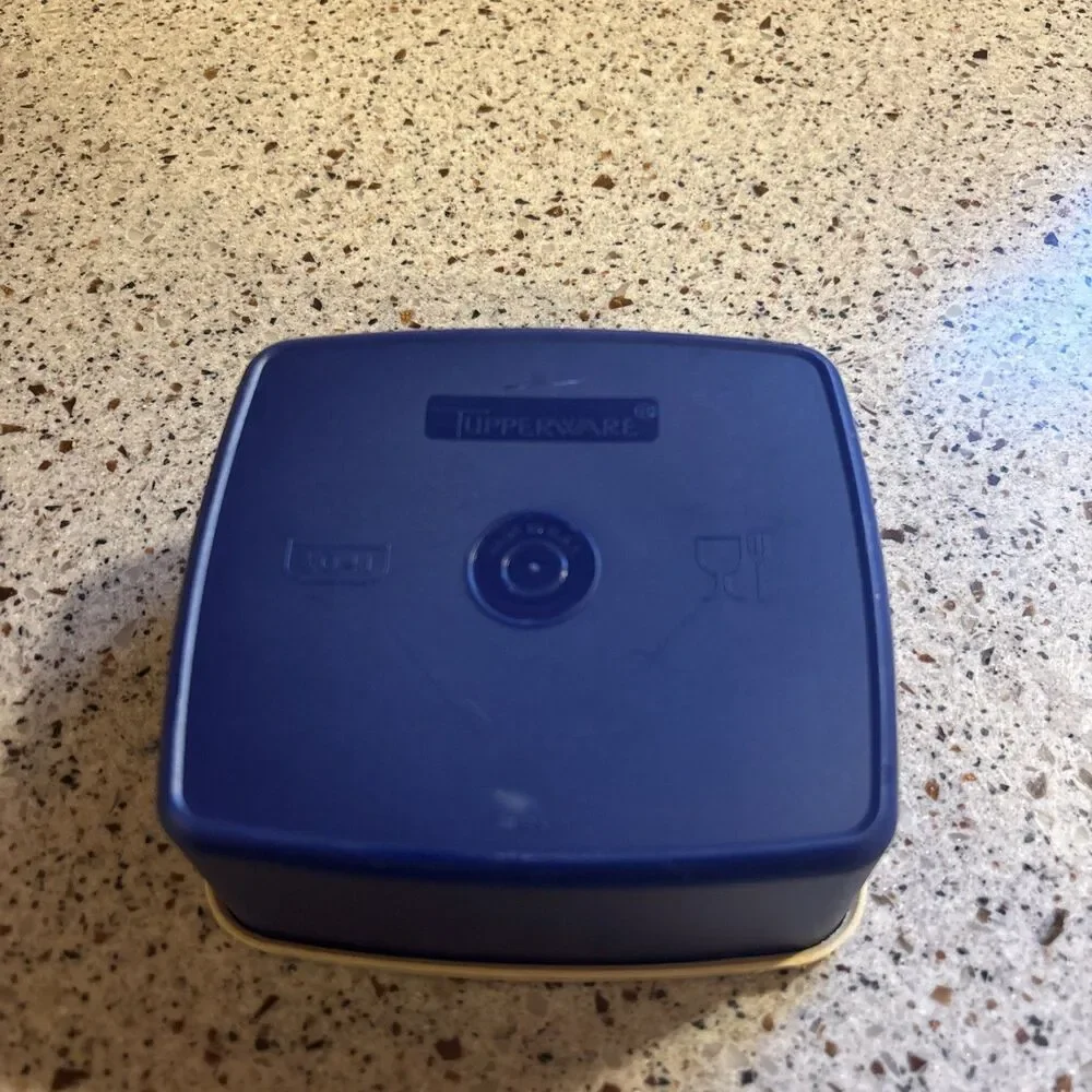 Vintage Tupperware Square with Lid - blue/tan, 1980s-1990s 311-25 & 310-62
